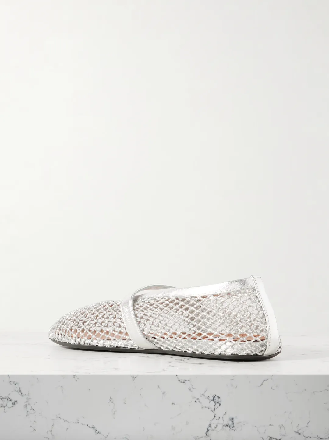 Metallic leather-trimmed mesh ballet flats