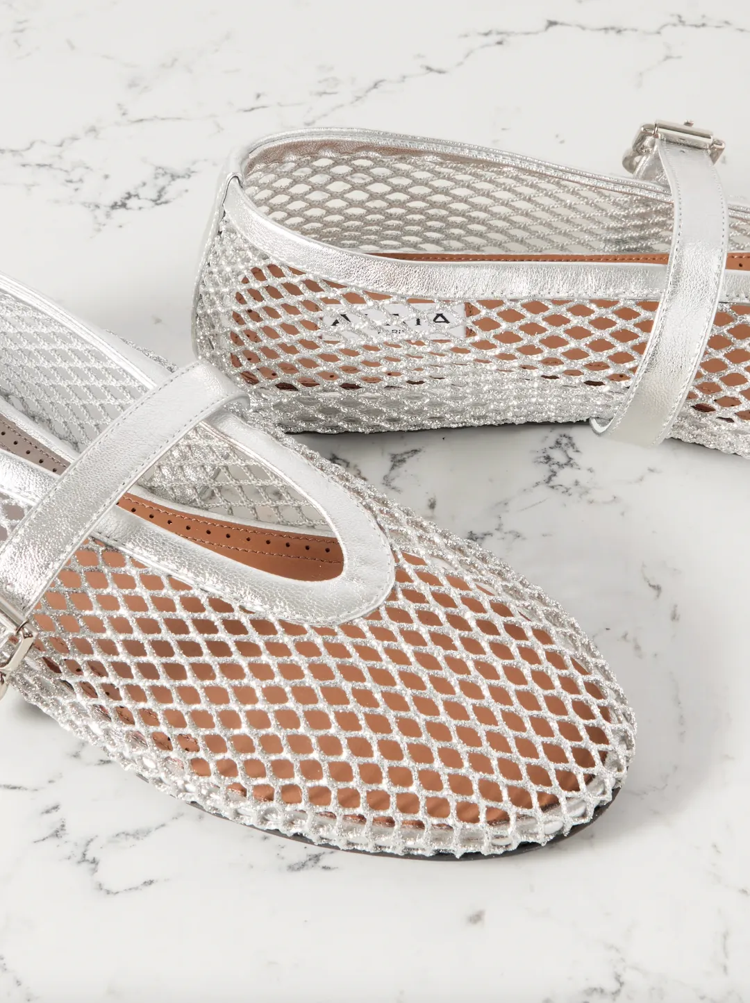 Metallic leather-trimmed mesh ballet flats