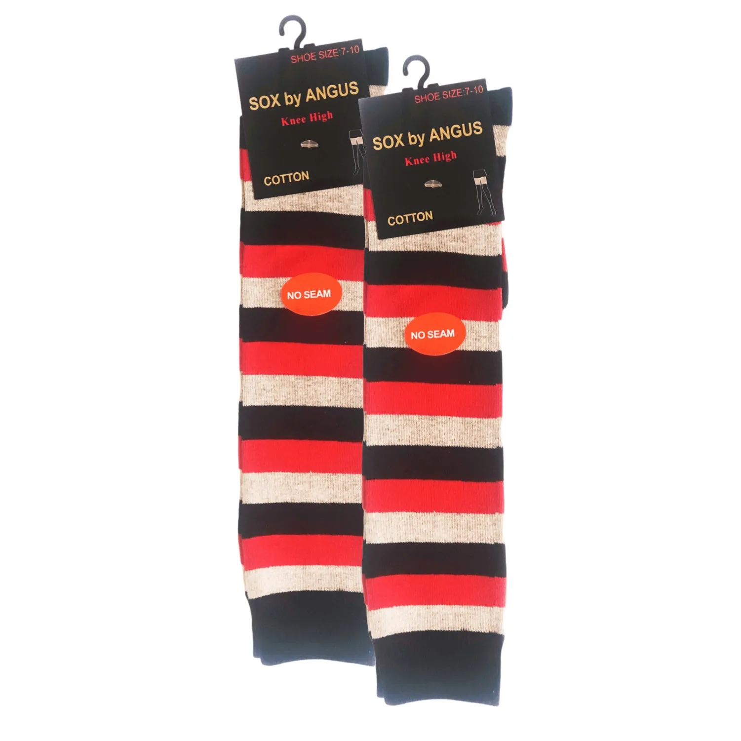 NO SEAM - Knee High Cotton Socks - Wide Stripes in Black/Red