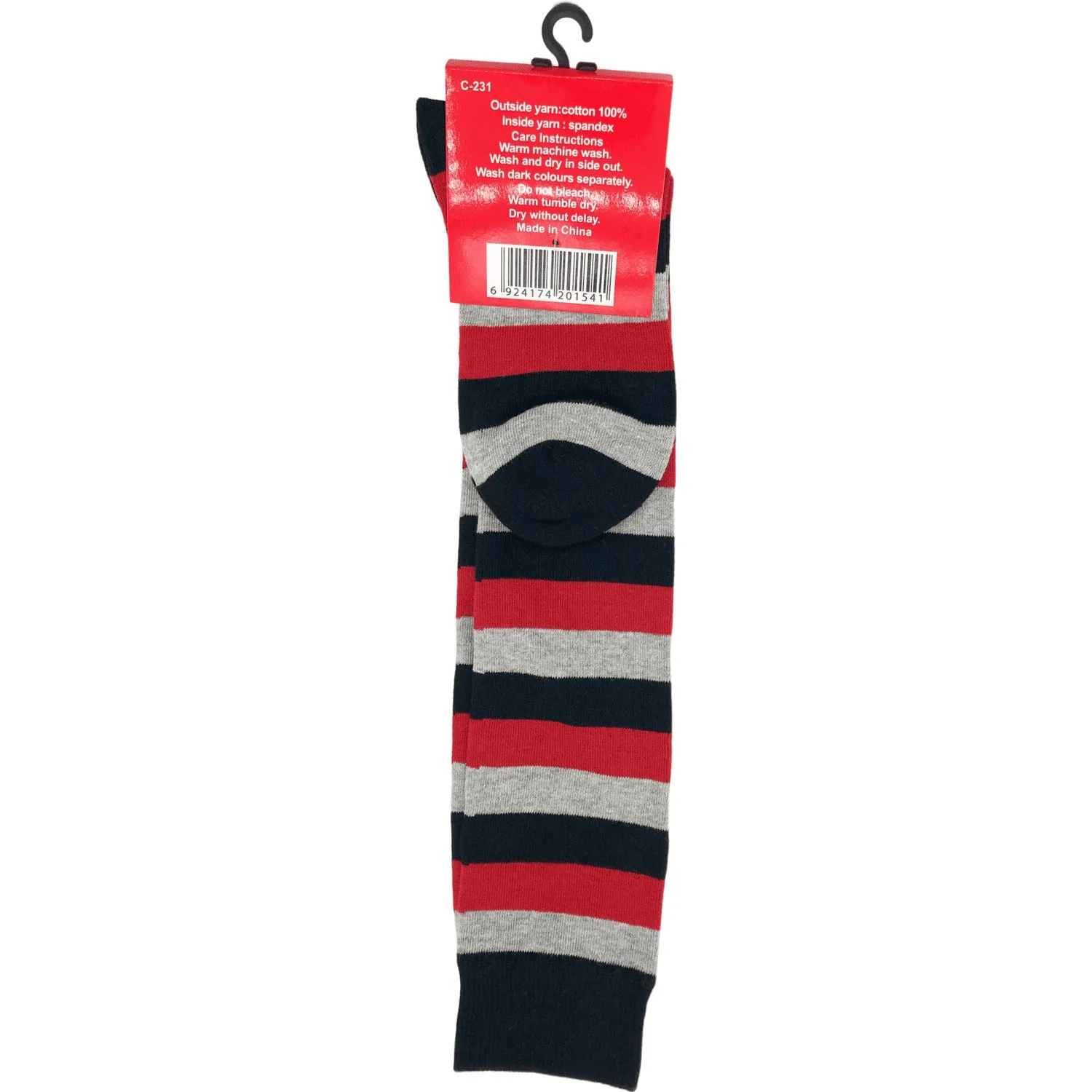 NO SEAM - Knee High Cotton Socks - Wide Stripes in Black/Red