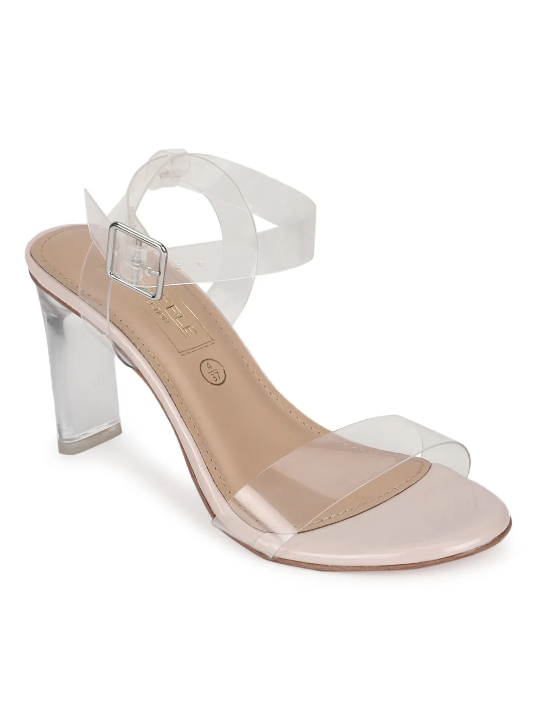 Nude Patent Perspex Clear Slim Block Heel Sandals (TP10175-NUD)