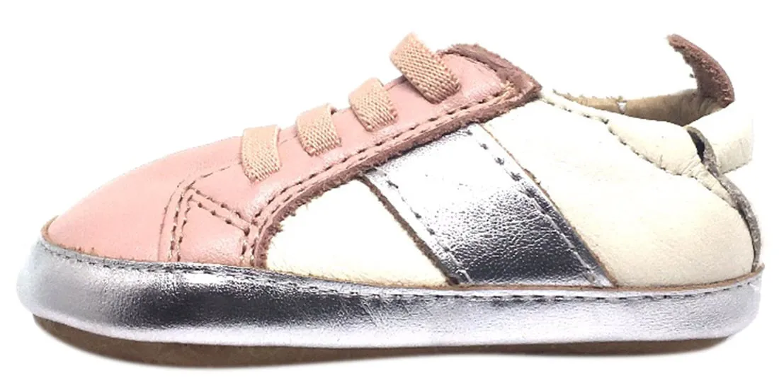 Old Soles Girl's Pink & Silver Leather Gig Shoe Stripe Elastic Lace Slip On Crib Walker Baby Shoe