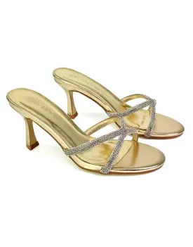 Paxton Diamante Strappy Mid High Heel Party Stiletto Mule Sandals In Gold