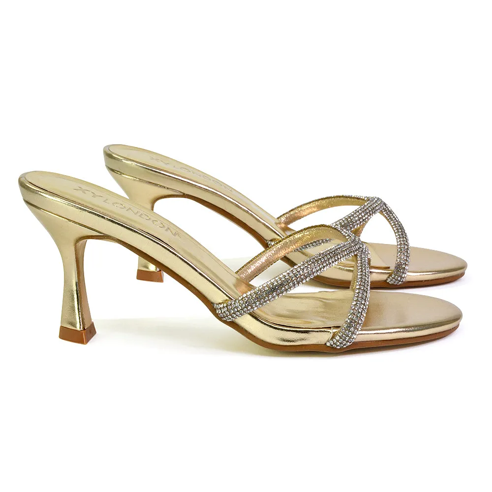 Paxton Diamante Strappy Mid High Heel Party Stiletto Mule Sandals In Gold