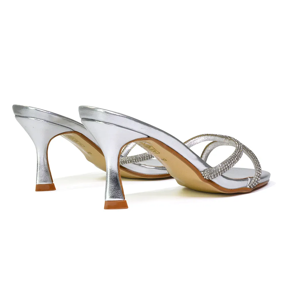 Paxton Diamante Strappy Mid High Heel Party Stiletto Mule Sandals In Gold