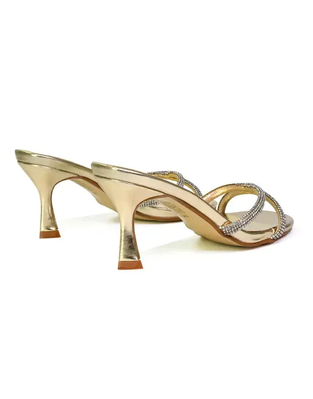 Paxton Diamante Strappy Mid High Heel Party Stiletto Mule Sandals In Gold