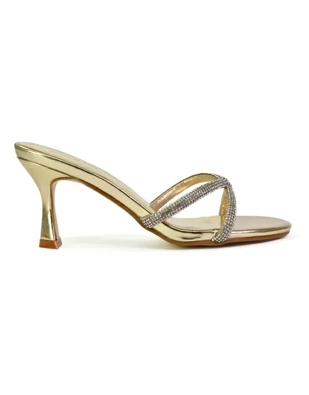 Paxton Diamante Strappy Mid High Heel Party Stiletto Mule Sandals In Gold