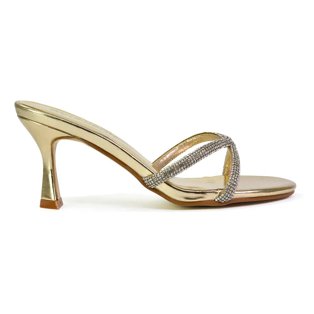 Paxton Diamante Strappy Mid High Heel Party Stiletto Mule Sandals In Gold