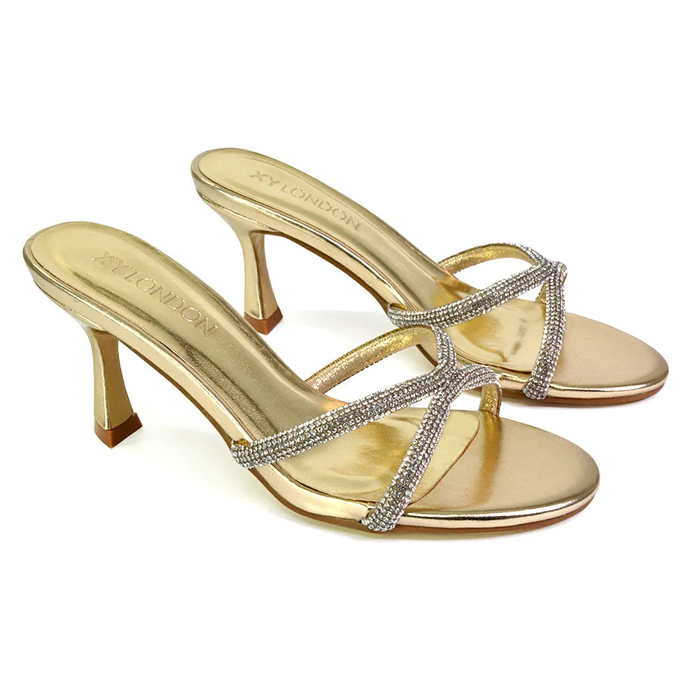 Paxton Diamante Strappy Mid High Heel Party Stiletto Mule Sandals In Gold