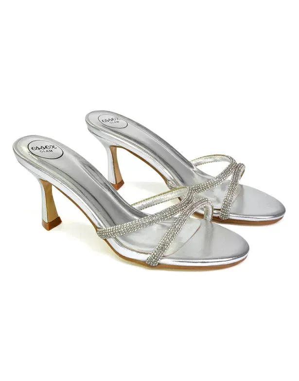 Paxton Diamante Strappy Mid High Heel Party Stiletto Mule Sandals In Gold