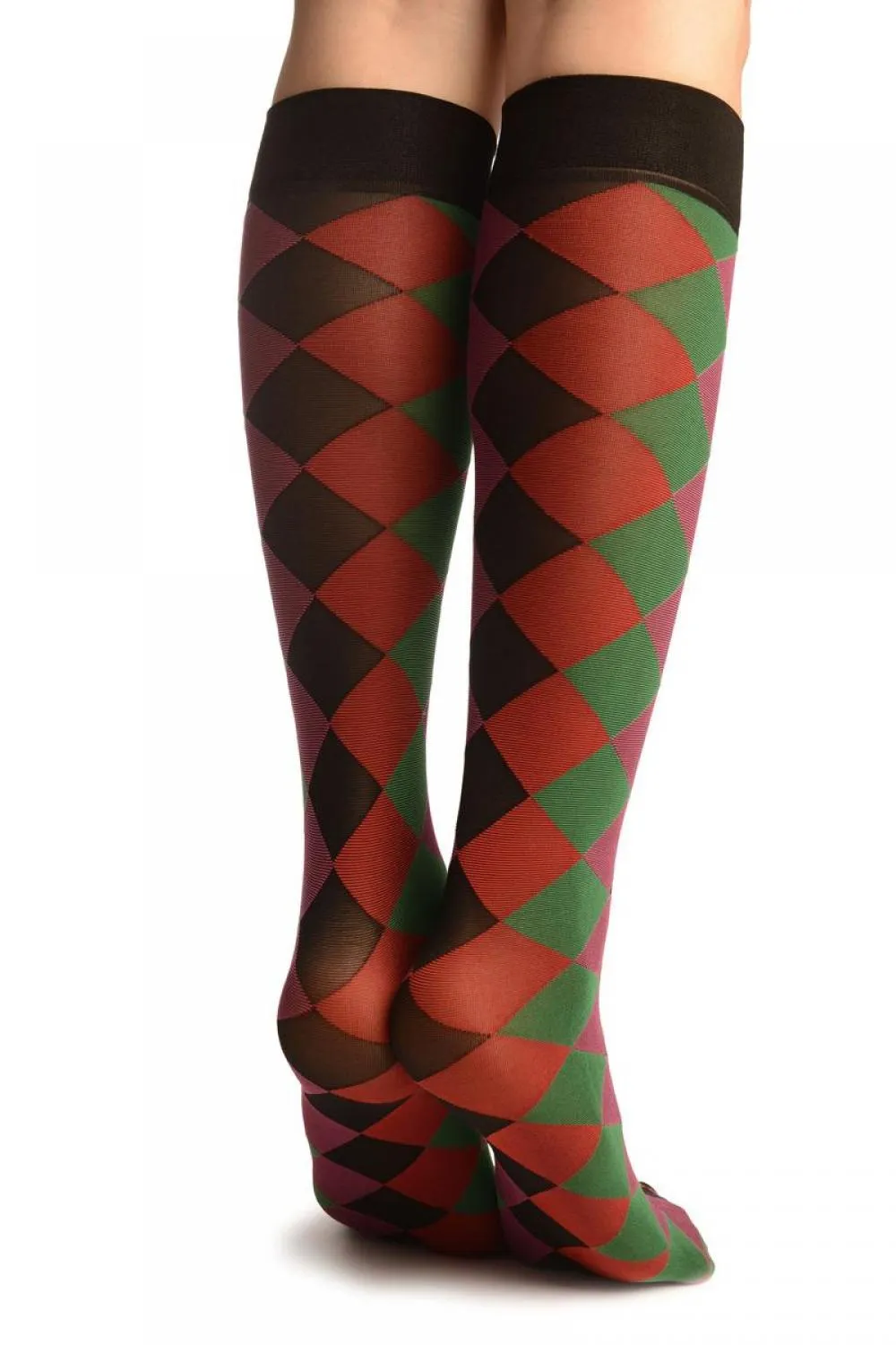 Pink, Red, Green & Black Argyle Socks Knee High