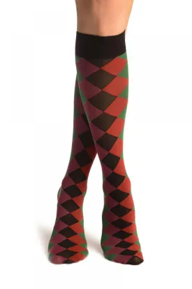 Pink, Red, Green & Black Argyle Socks Knee High