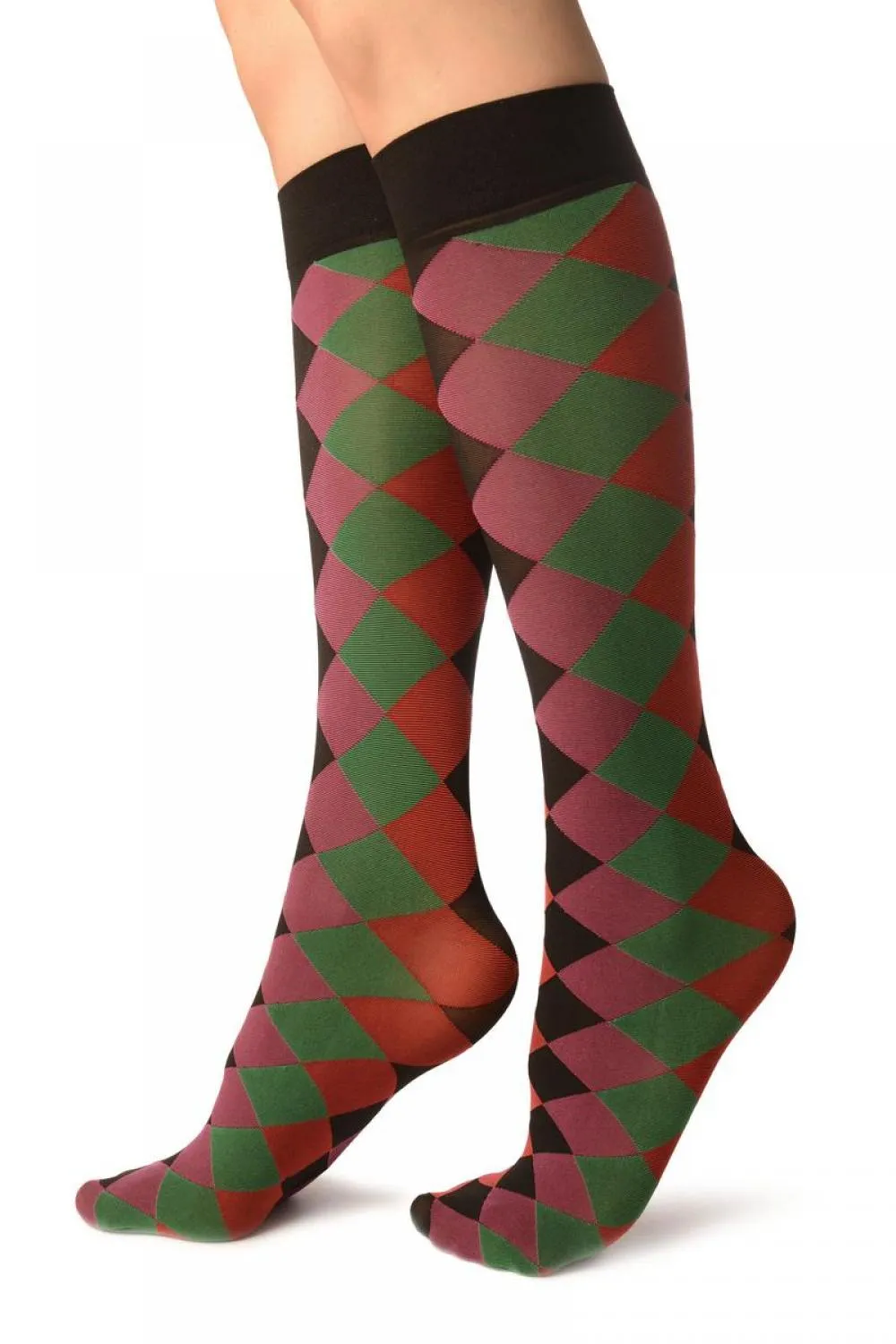 Pink, Red, Green & Black Argyle Socks Knee High