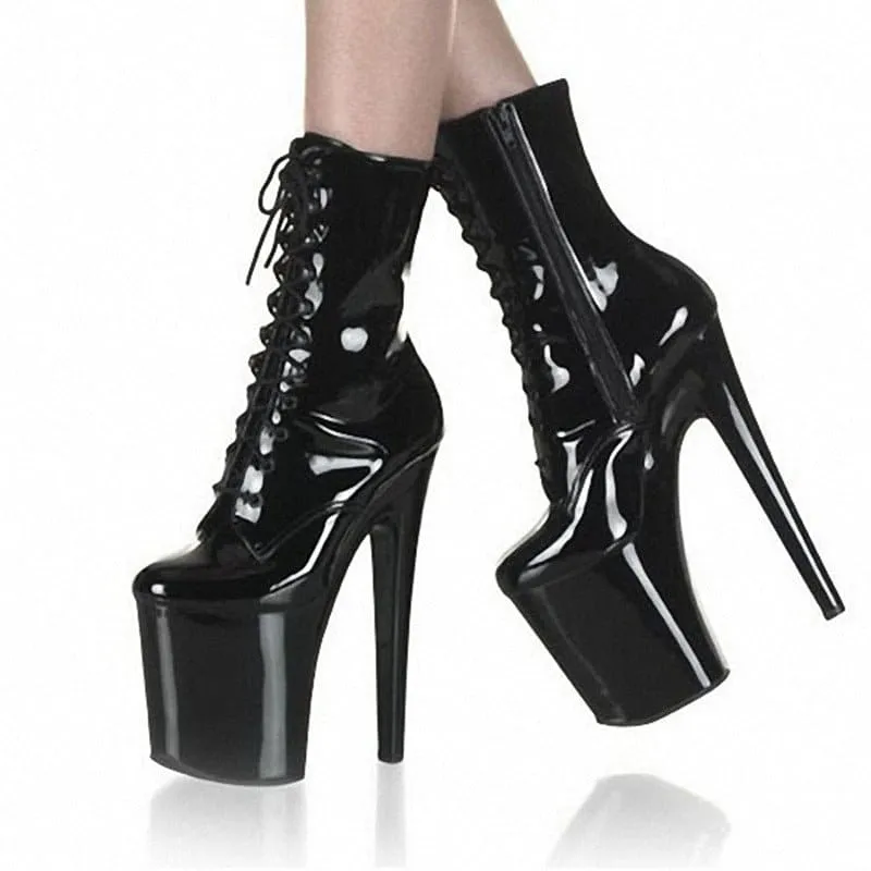 Shiny Black Patent Leather Stiletto Ankle Boots for Drag