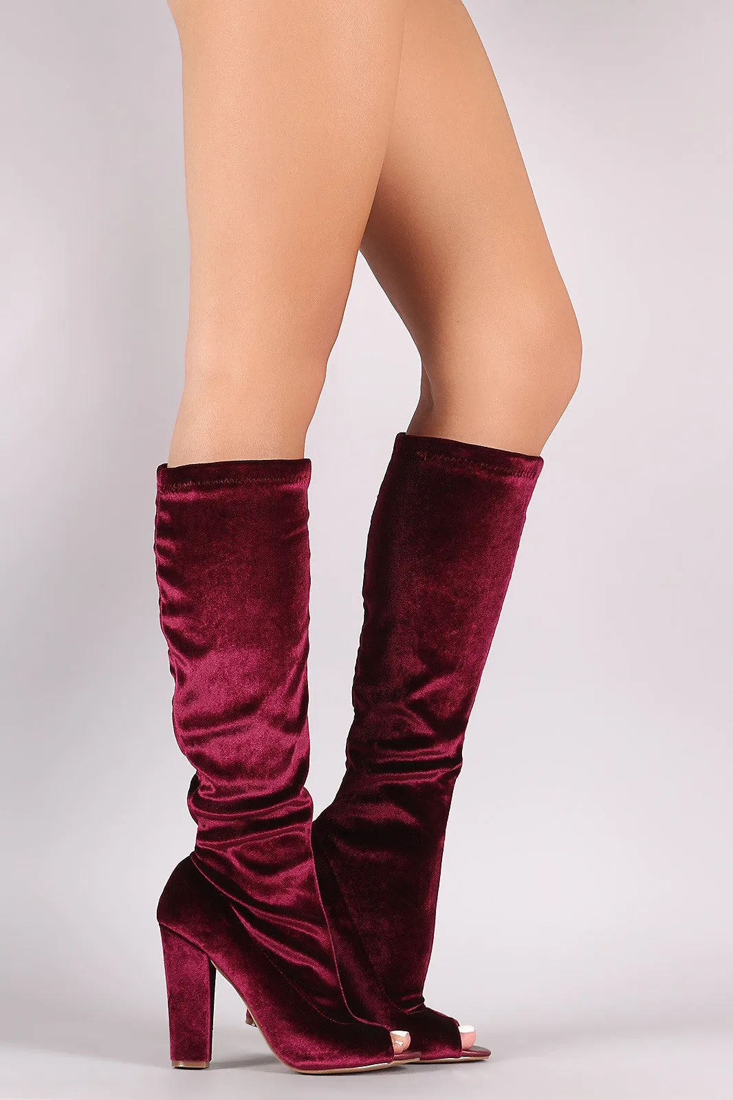 Shoe Republic LA Velvet Chunky Heeled Knee High Boots