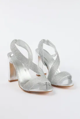 SILVER WOVEN DETAIL BLOCK HEELED PARTY SANDAL