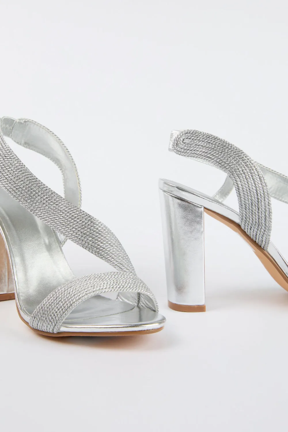 SILVER WOVEN DETAIL BLOCK HEELED PARTY SANDAL