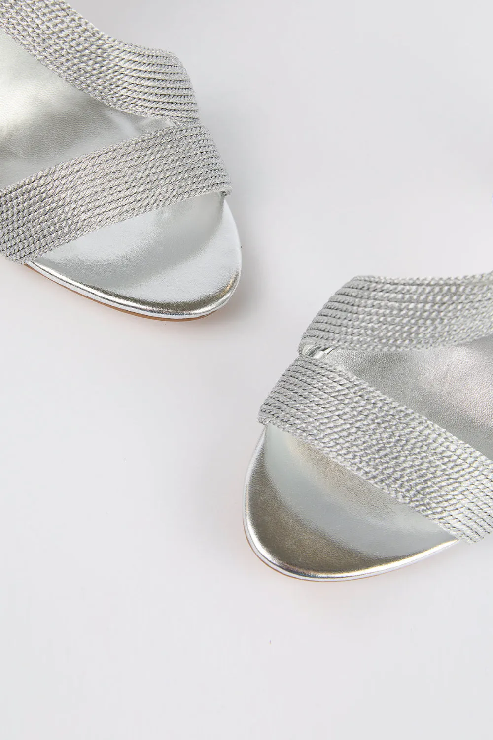 SILVER WOVEN DETAIL BLOCK HEELED PARTY SANDAL