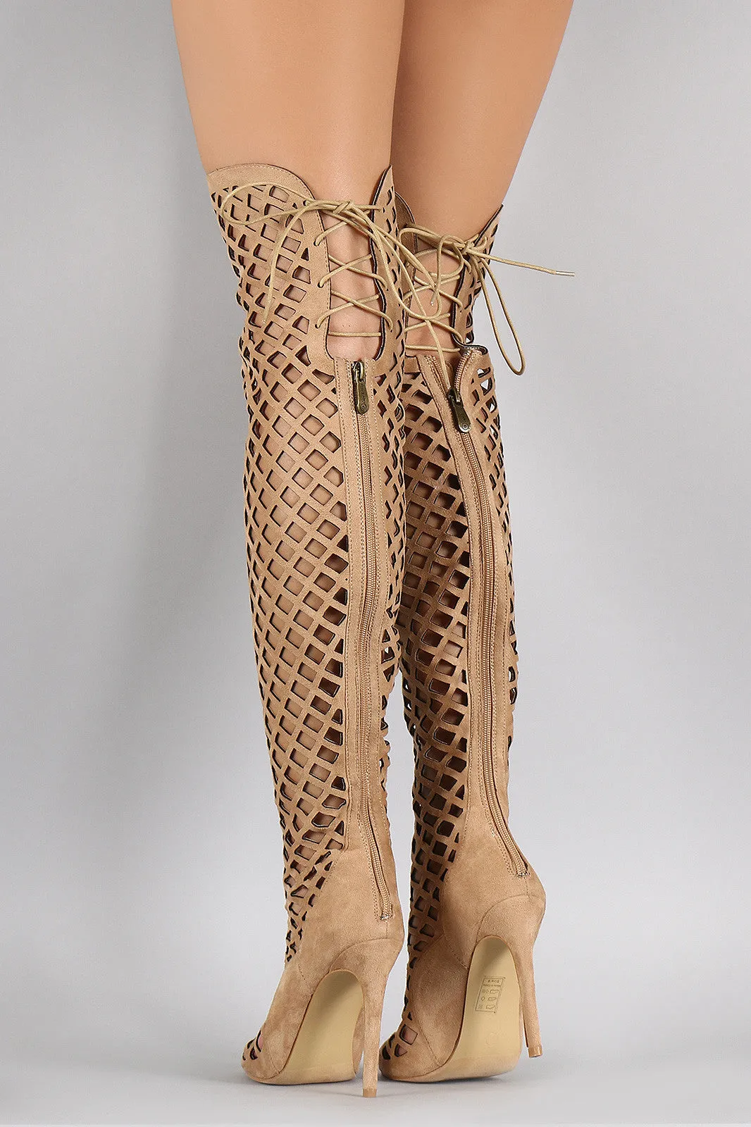 Suede Geometric Cutouts Peep Toe Stiletto Over-The-Knee Boots