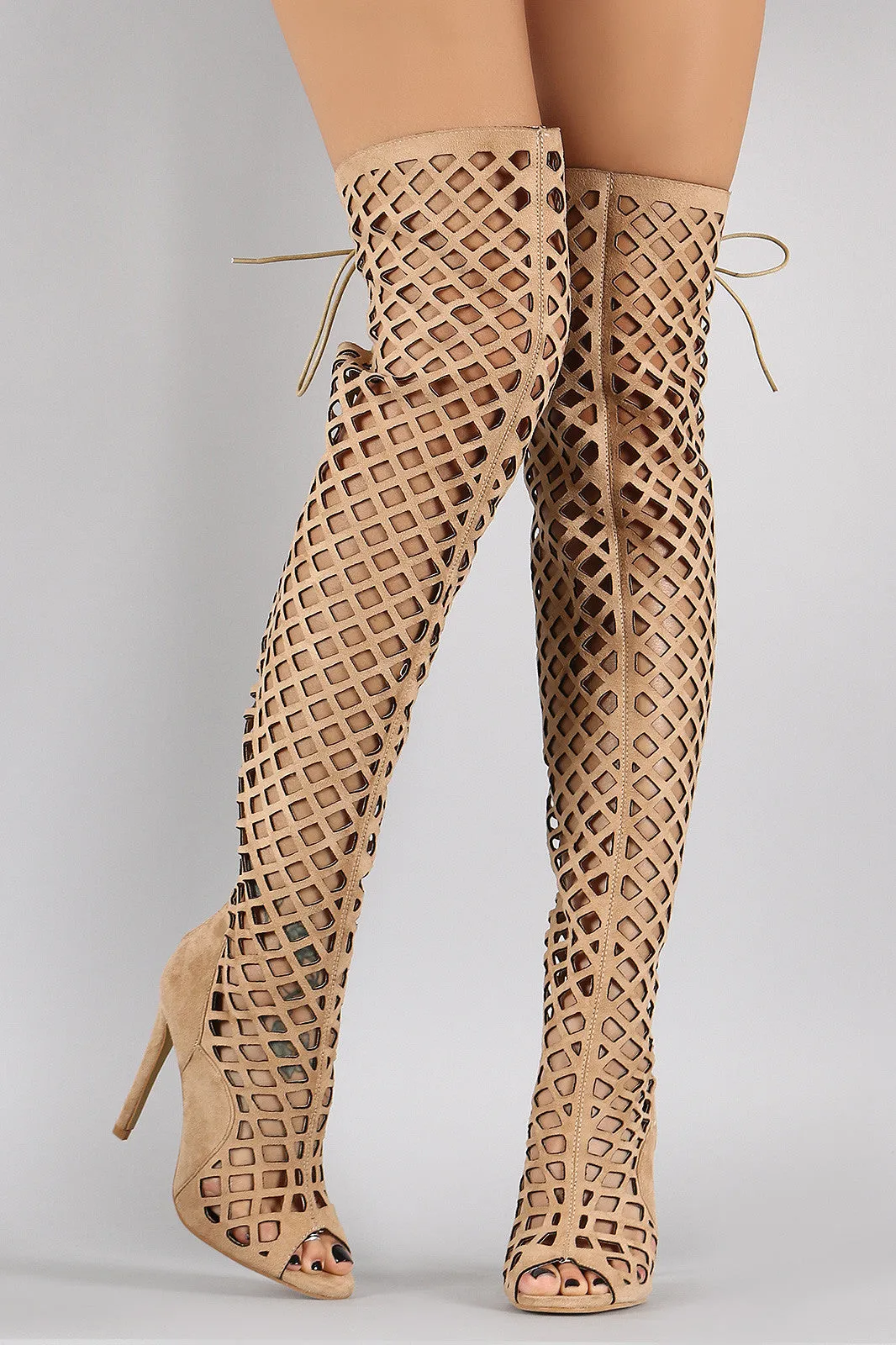 Suede Geometric Cutouts Peep Toe Stiletto Over-The-Knee Boots