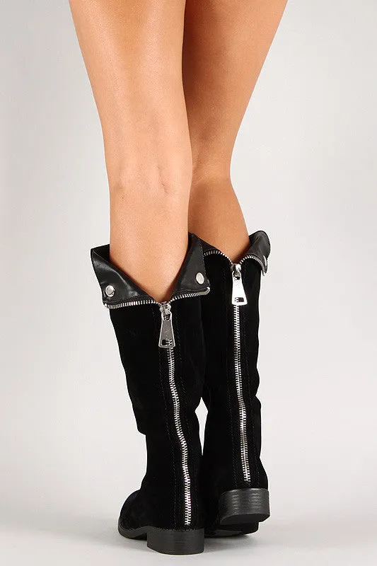 Suede Round Toe Folded Knee High Boot