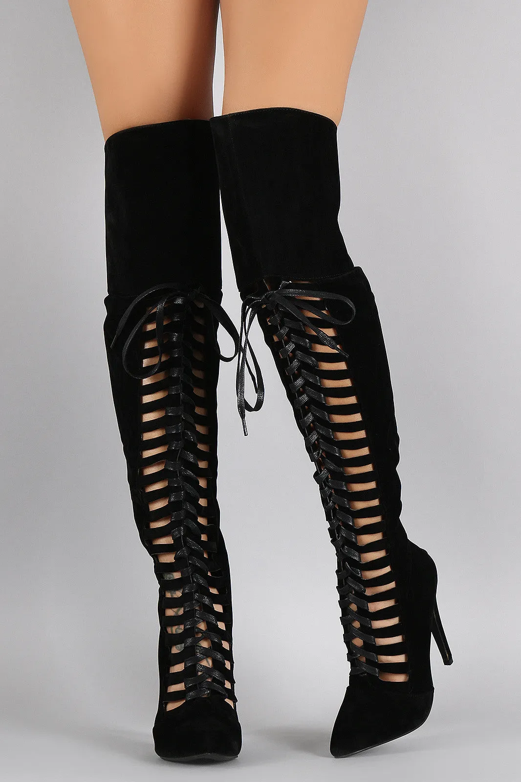 Suede Strappy Lace Up Pointy Toe Stiletto Over-The-Knee Boots