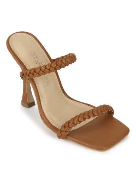 Tan PU Stiletto Heel Braided Mules