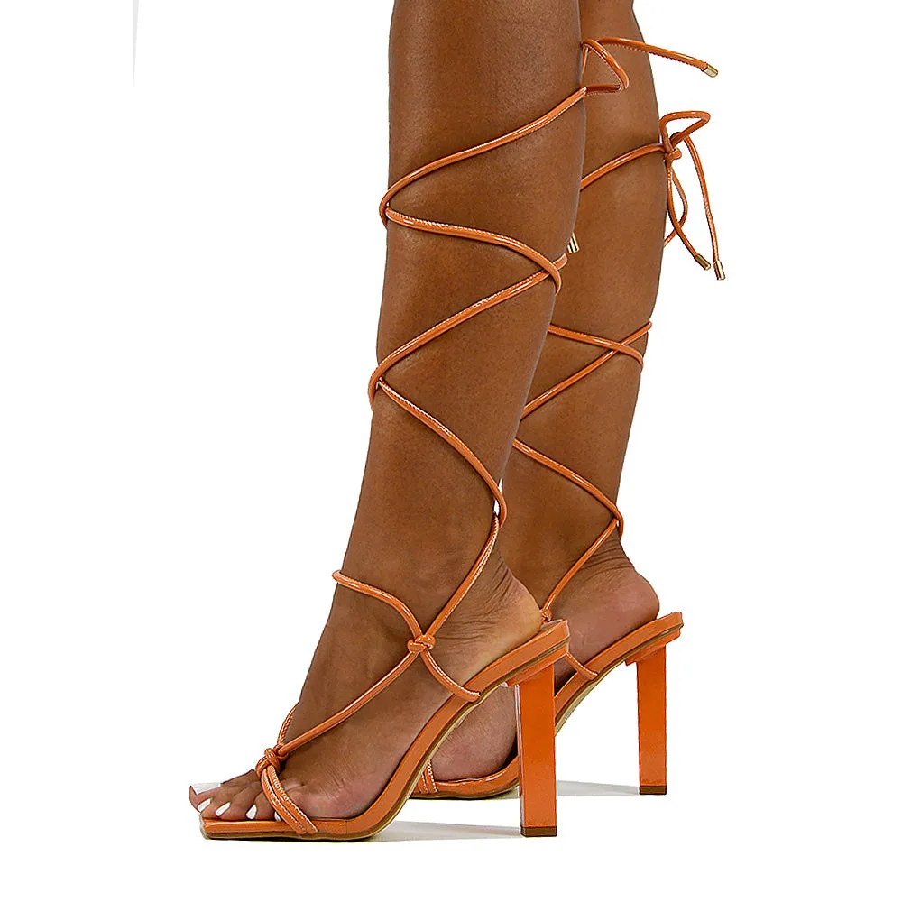 Tanner Strappy Sandals Square Toe Knotted Detail Lace Tie Up High Block Heels in Orange Patent