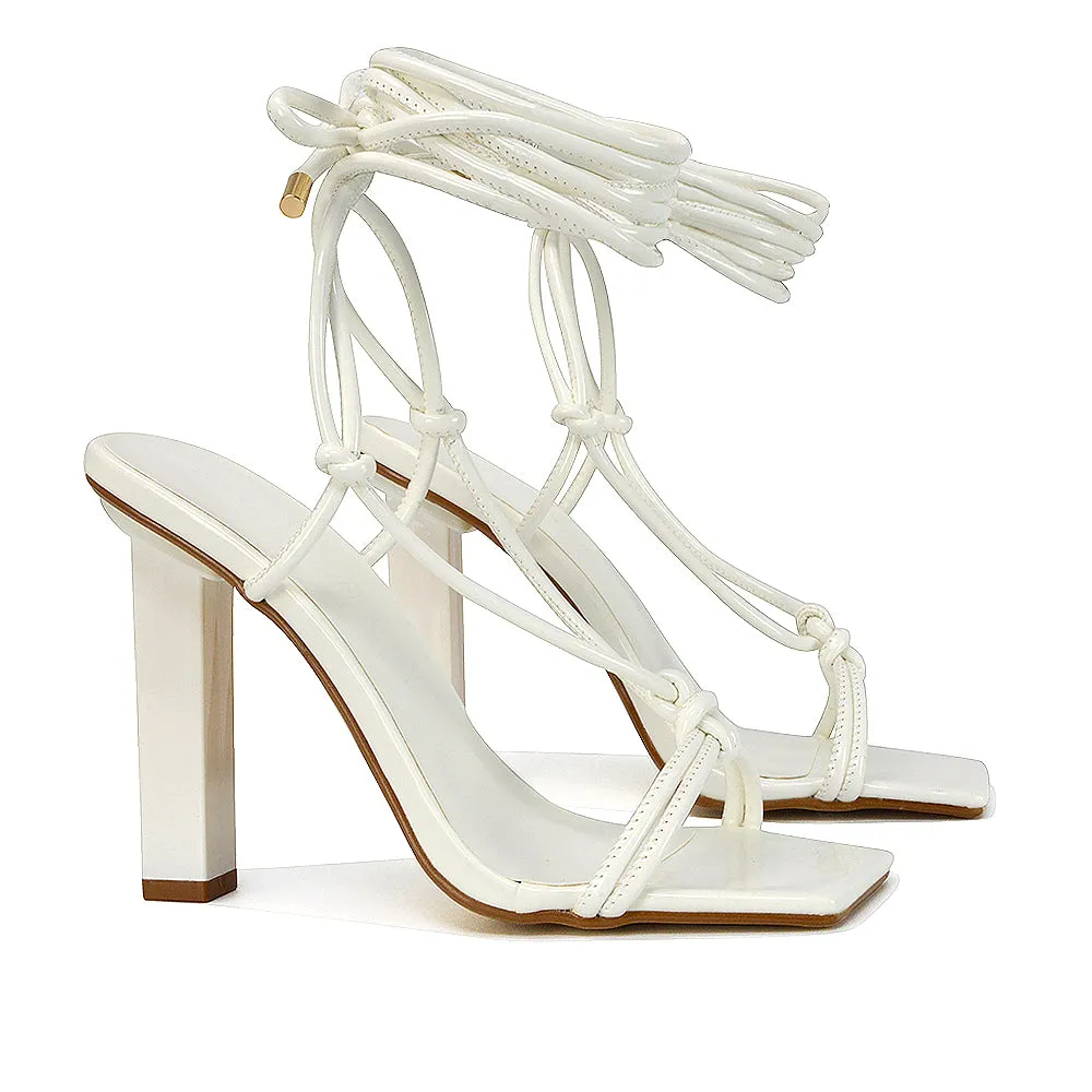 Tanner Strappy Sandals Square Toe Knotted Detail Lace Tie Up High Block Heels in Orange Patent