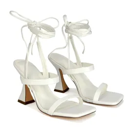 Taytum Square Toe Strappy Lace Up Sandal Flared High Heels in White Synthetic Leather