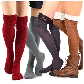 TeeHee Women's Fashion Over the Knee High Socks 4 Pair Combo (Lace Over)