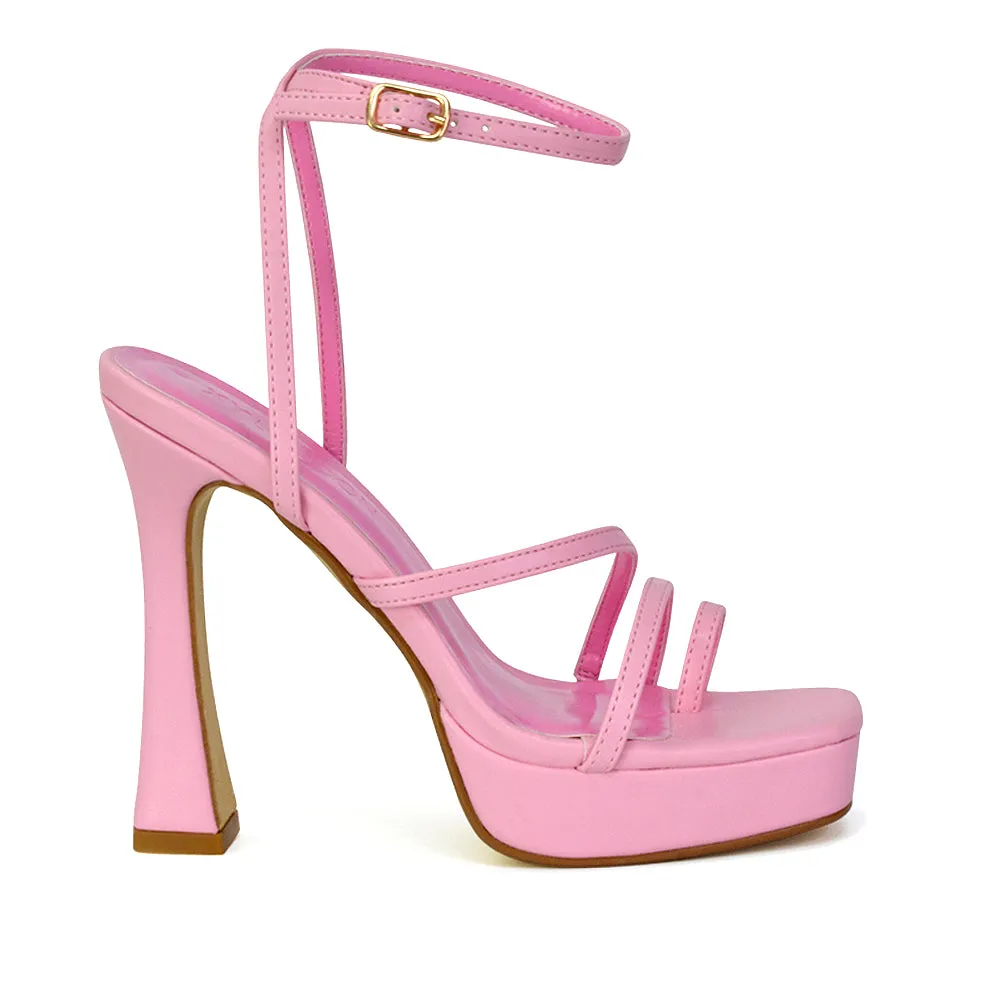 Tessie Strappy Square Toe Post Platform High Heel Sandals in Pink