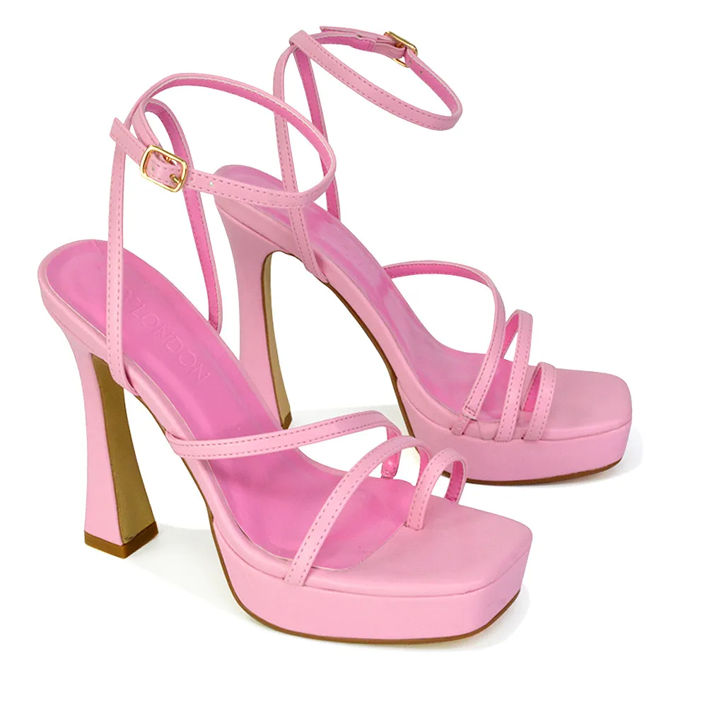 Tessie Strappy Square Toe Post Platform High Heel Sandals in Pink