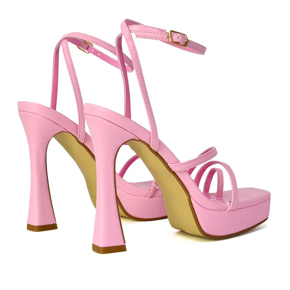 Tessie Strappy Square Toe Post Platform High Heel Sandals in Pink