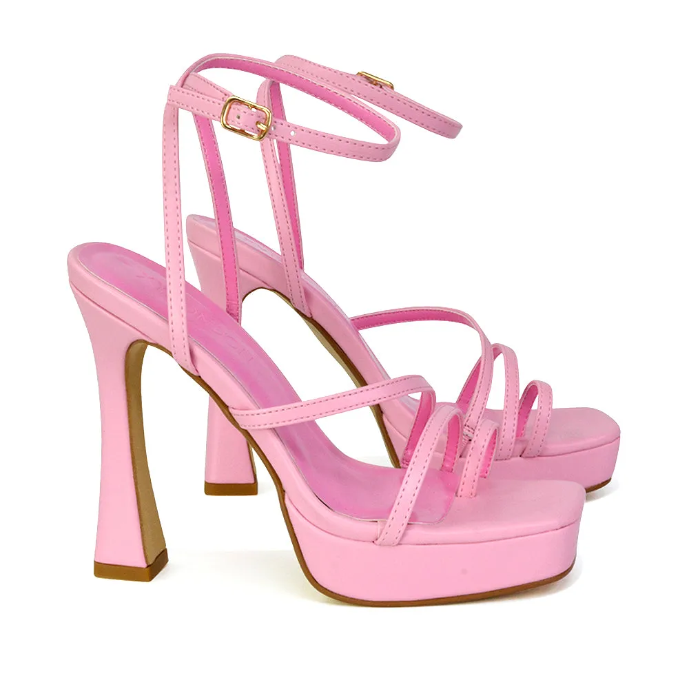 Tessie Strappy Square Toe Post Platform High Heel Sandals in Pink