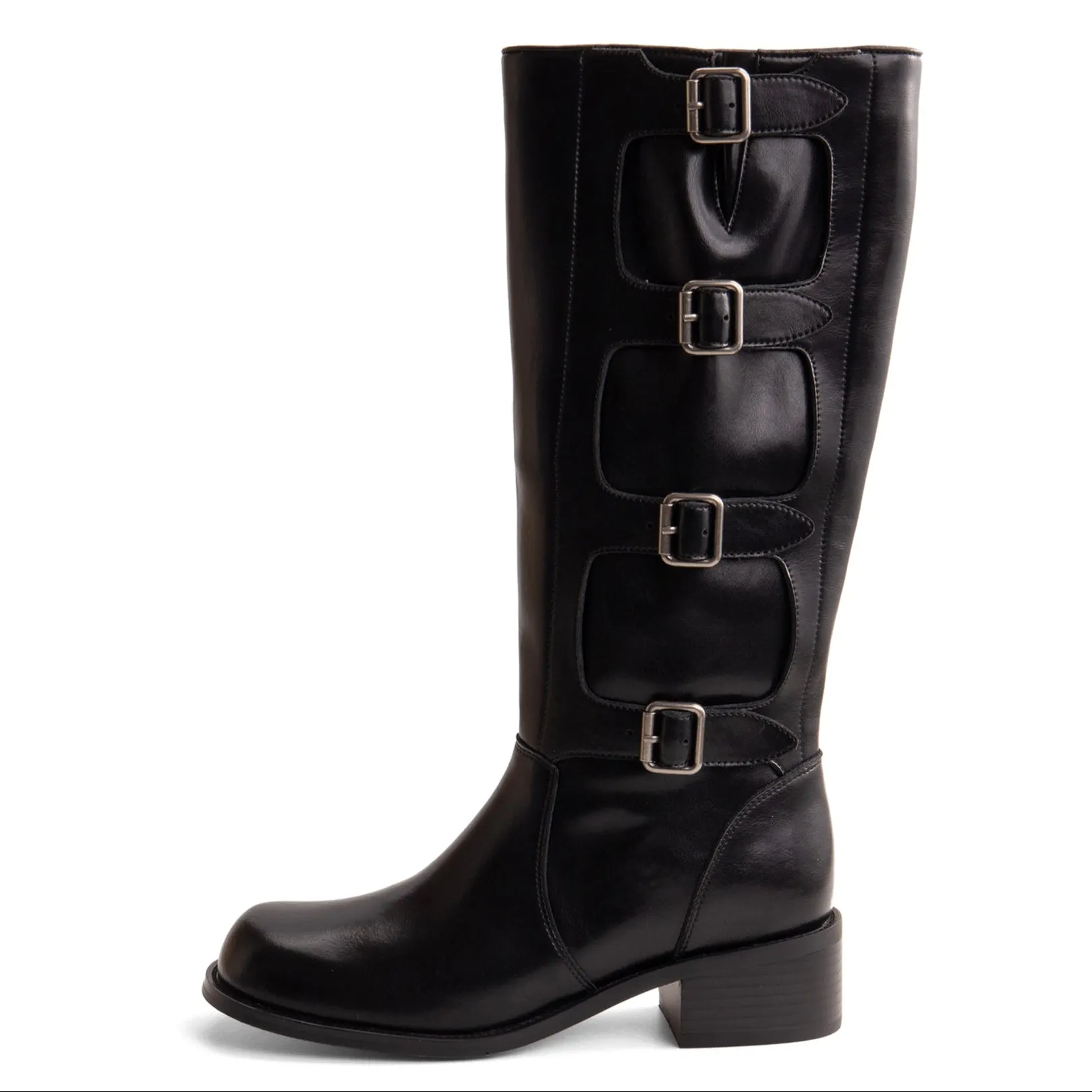 TinaCus Handmade Women's Genuine Leather Round Toe Chunky Heel Buckles Modern Knee High Boots