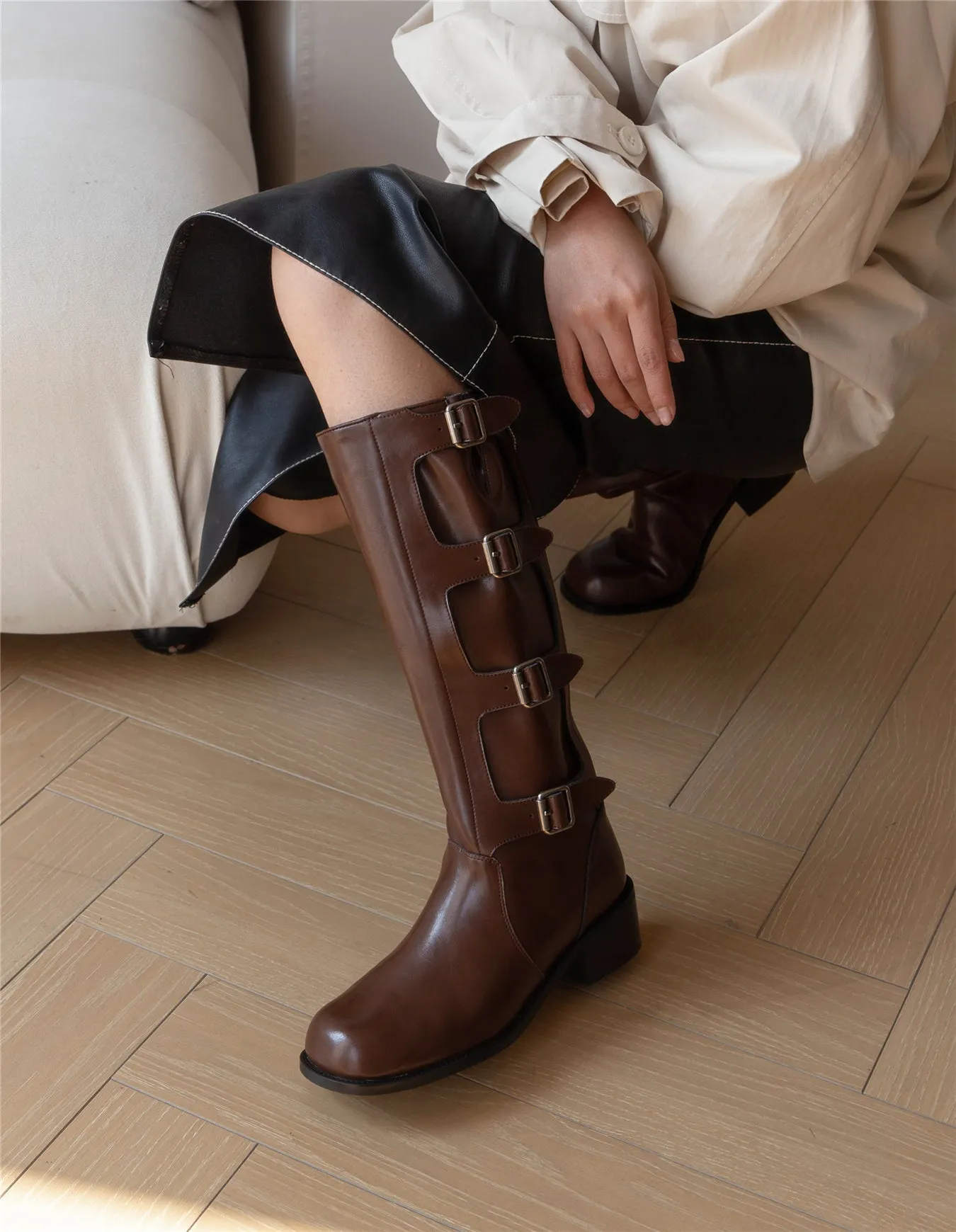 TinaCus Handmade Women's Genuine Leather Round Toe Chunky Heel Buckles Modern Knee High Boots