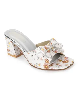 White PU Floral Diamante Bow Block Heel Mules (TC-SLC-R550-SIL)