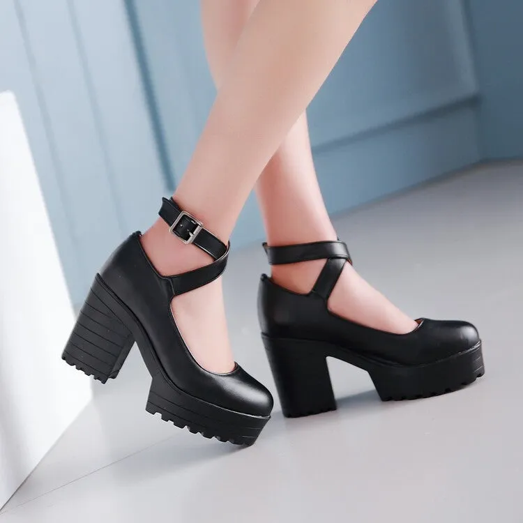 Women Ankle Strap Buckle Chunky Heels Platform Pumps