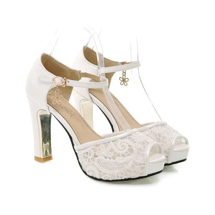 Women lace flower peep toe side hollow buckle strap chunky heels