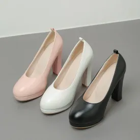 Women Round Toe Shallow Block Heel Platform Pumps