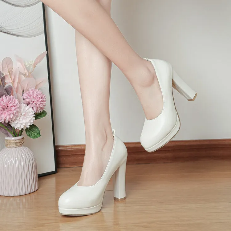 Women Round Toe Shallow Block Heel Platform Pumps