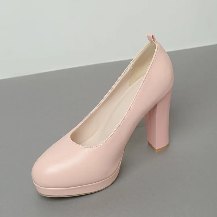 Women Round Toe Shallow Block Heel Platform Pumps