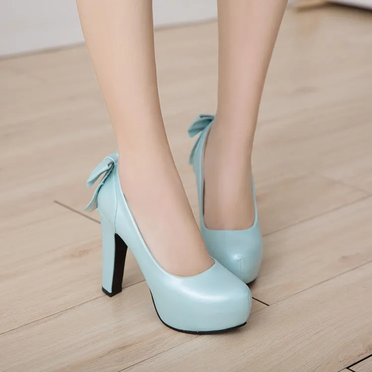 Women's Back Bowtie Chunky Platform Pumps High Heels Shoes