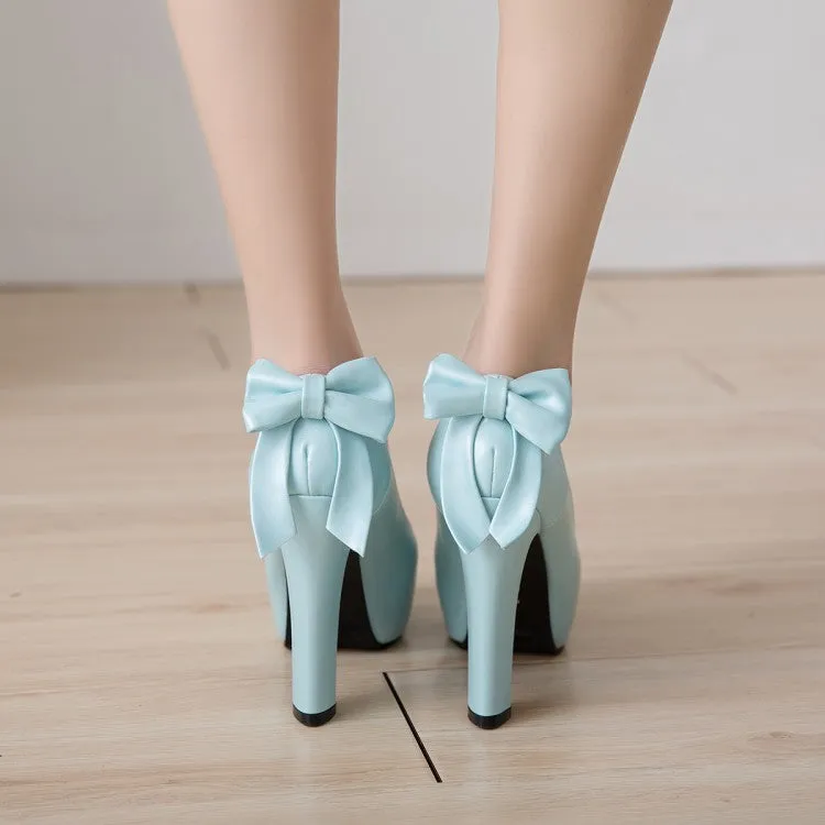 Women's Back Bowtie Chunky Platform Pumps High Heels Shoes