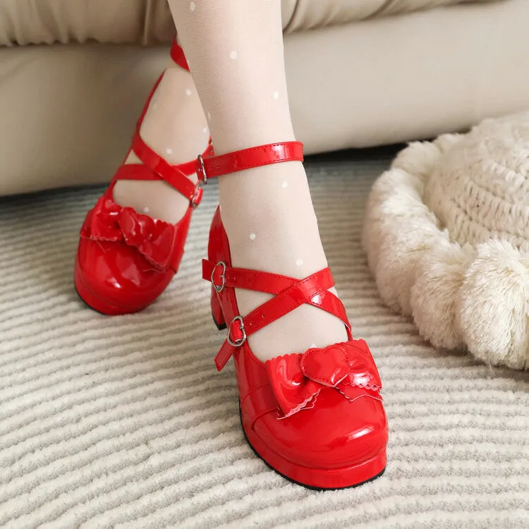 Women's Buckle Bow Chunky Heel Platform Pumps High Heels Mary Jane Lolita Shoes