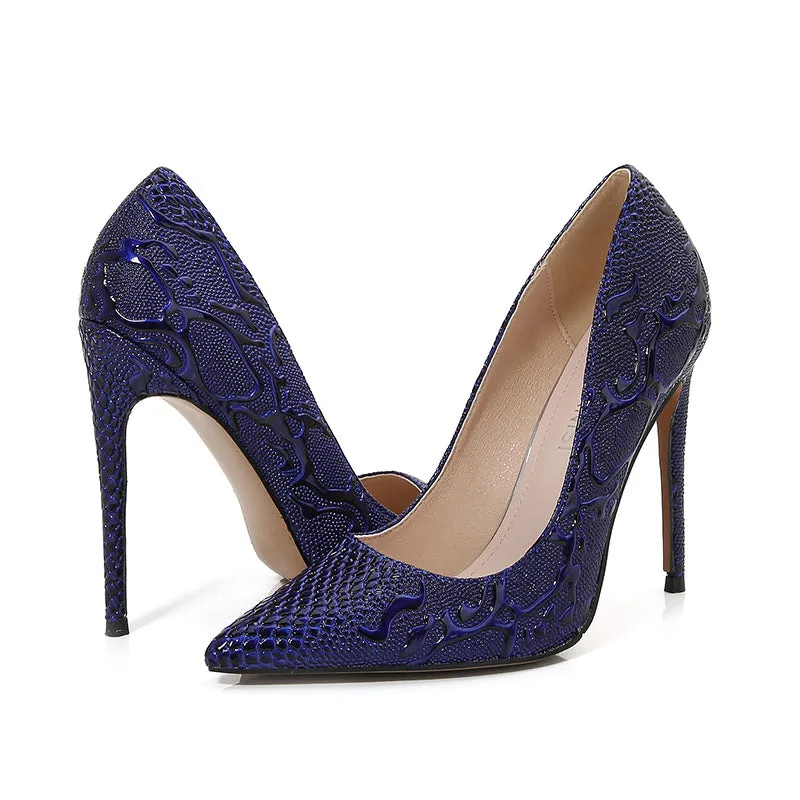 Women's Embossed Pointed Toe Shallow Stiletto Heel Pumps