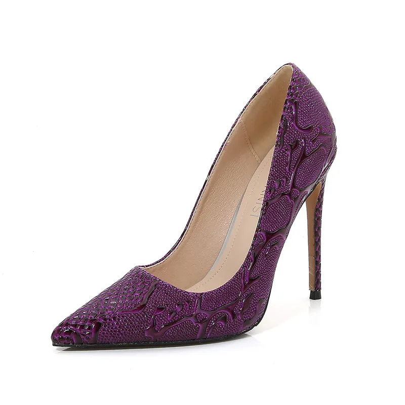 Women's Embossed Pointed Toe Shallow Stiletto Heel Pumps