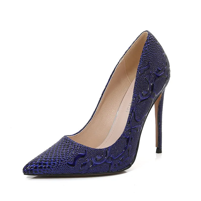 Women's Embossed Pointed Toe Shallow Stiletto Heel Pumps