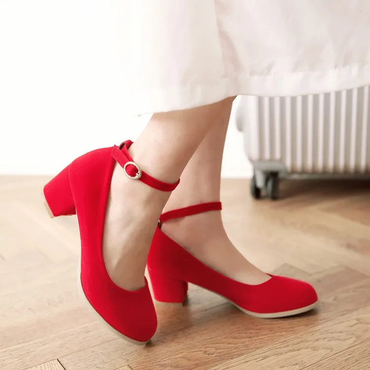 Women's Flock Ankle Strap Block Heel Pumps